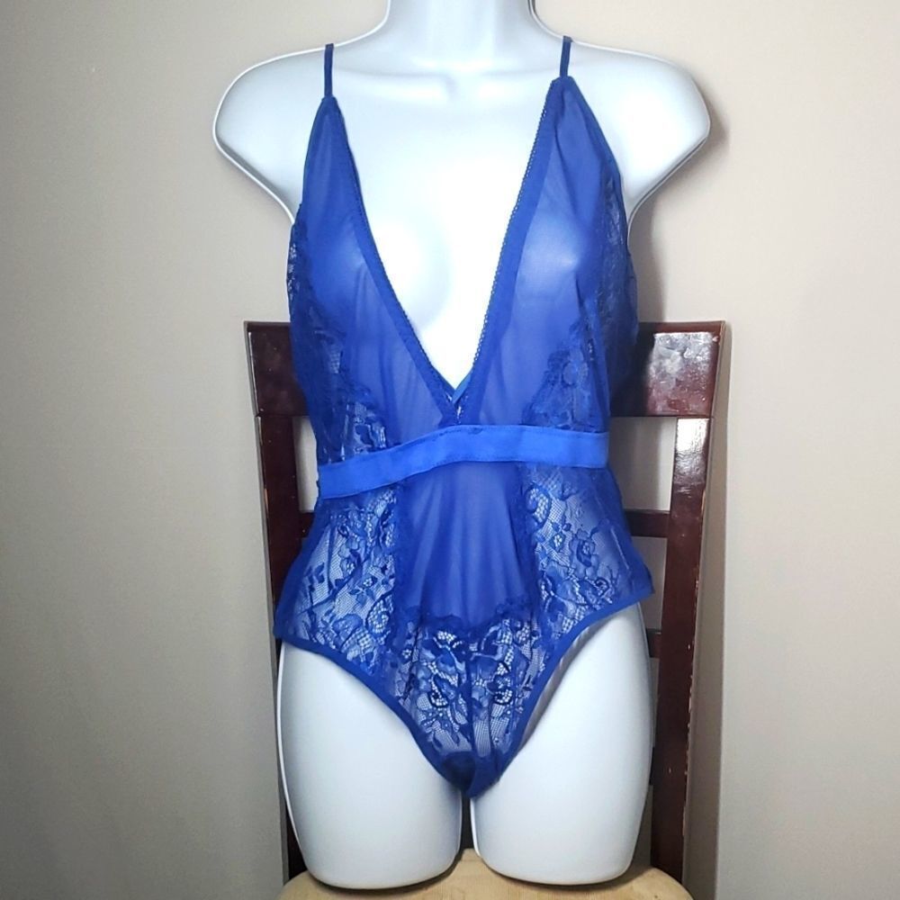 New Royal Blue Cross Back Strappy Lingerie Bodysuit